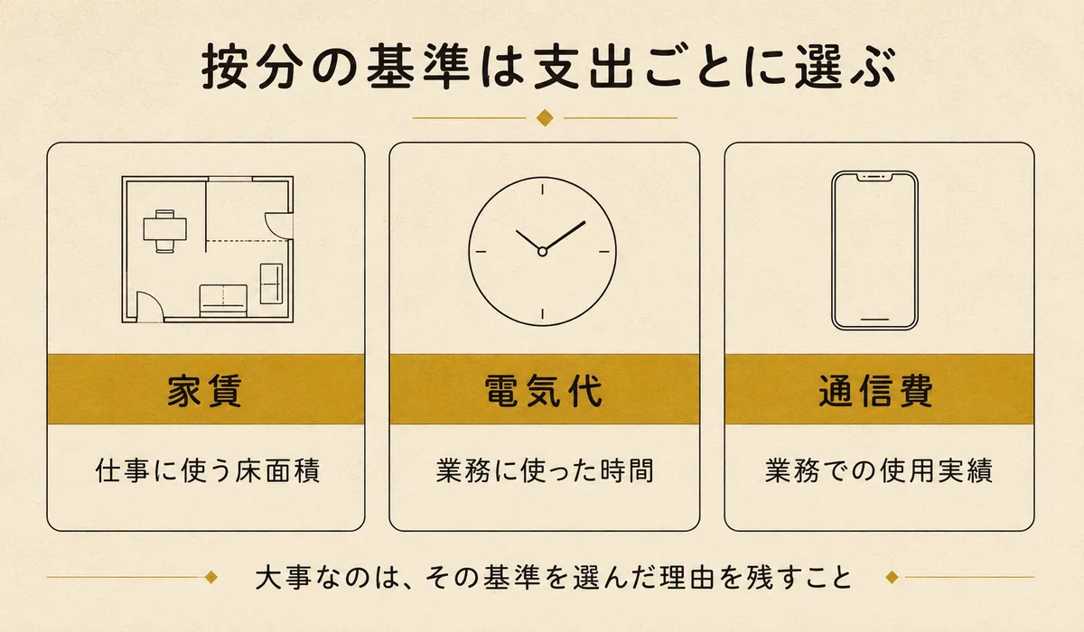 チャットレディの家事関連費を按分する基準の例。家賃は仕事に使う床面積、電気代は業務に使った時間、通信費は業務での使用実績で按分することを示した3列の図